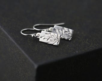 Tiny Hand Stamped Silver Leaf Earrings • Sterling Silver Minimalist Earrings Dangle • Handmade Jewelry by Burnish
