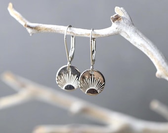 Mini New Day Sunrise Lever-back Earrings • Hand Stamped New Beginnings Gift • Dainty Tiny Sterling Silver Leverback Earrings