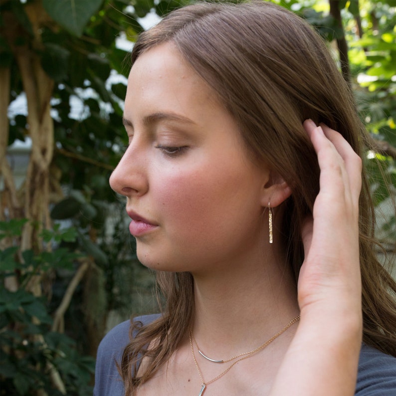 Slim Gold Minimal Earrings Gold Filled Hammered Bar Earrings Dangle Minimalist Earrings Handmade by Burnish image 5