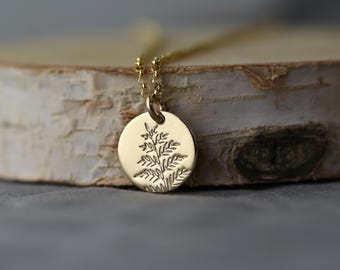 Hand Stamped Fern Leaf Gold Filled Pendant Necklace • Handmade Dainty Nature Jewelry by Burnish