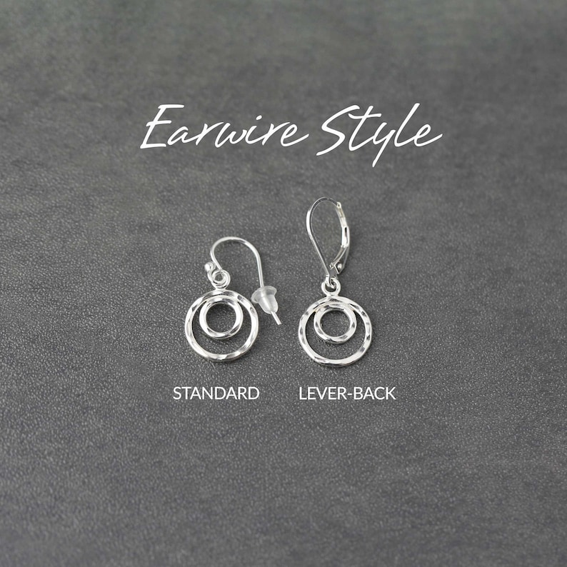 Double Circle Sterling Silver Lever-back Earrings Simple Silver Hammered Dainty Dangle Earrings Minimalist Jewelry image 5