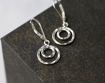 Double Circle Sterling Silver Lever-back Earrings • Simple Hammered Dainty Dangle Drop Earrings  • Minimalist Jewelry by Burnish