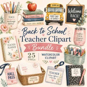 Könnte beinhalten: Eine digitale Sammlung von Aquarell-Illustrationen zum Thema Schule, darunter ein Becher, Bücher, ein gelber Schulbus, eine Tafel, ein Planer, ein Stiftehalter, ein Hallenpass, ein Korb mit Papieren, ein Ausweishalter und ein Notizbuch.