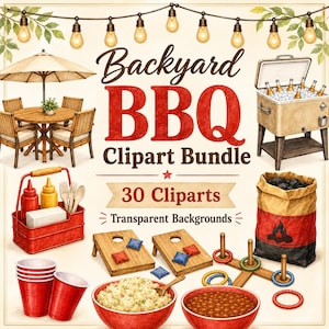 Può includere: Illustrazione ad acquerello di un "Backyard BBQ Clipart Bundle" con 30 clipart e sfondi trasparenti. Include un tavolo da picnic, una ghiacciaia con bevande, cibo, giochi e luci a stringa. Schema di colori rosso e bianco.