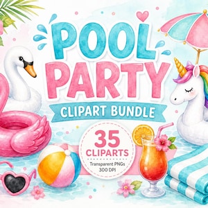 Könnte beinhalten: Aquarell-Illustration zum Thema Poolparty. Enthält einen rosa Flamingo-Schwimmer, einen weißen Schwan, einen Einhorn-Schwimmer, einen Strandball, eine Sonnenbrille, einen Cocktail, einen Sonnenschirm und ein gestreiftes Handtuch. Der Text "POOL PARTY CLIPART BUNDLE" wird angezeigt.
