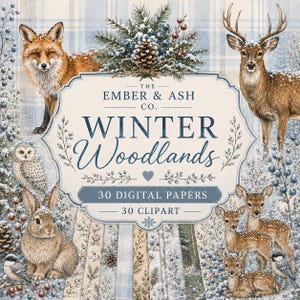 Può includere: Una collezione digitale intitolata The Ember & Ash Co. Winter Woodlands con 30 carte digitali e 30 clipart. Il design presenta una volpe, un cervo, un gufo, un coniglio e cerbiatti circondati da rami di pino, bacche e uno sfondo a quadri.