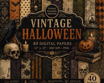 Könnte beinhalten: Ein digitales Papierpaket mit 40 Halloween-Motiven, darunter Totenköpfe, Raben, Kürbisse, Laternen und Monde im Vintage-Stil. Der Text lautet Vintage Halloween, 40 Digital Papers, 300 DPI, PNG, 40 einzigartige Designs.