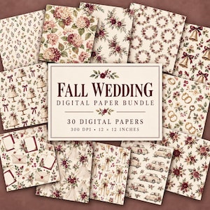 Op de afbeelding: Een digitaal papierpakket met 30 vellen met herfstbruiloftthema's, waaronder hortensia's, klokken, taarten, ringen, sleutels, enveloppen en oldtimers. De centrale tekst luidt FALL WEDDING DIGITAL PAPER BUNDLE 30 DIGITAL PAPERS 300 DPI 12 x 12 INCHES.