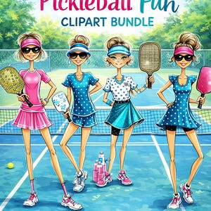 May include: An illustration titled "Women's Pickleball Fun CLiPART BUNDLE" depicts four women on a pickleball court. Each woman is holding a paddle and wearing athletic attire in shades of pink and blue. The image includes text indicating 30 clipart PNGs and 300 PPI.