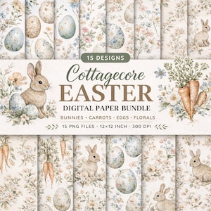 以下が含まれることがあります： コテージコアのイースターをテーマにしたデジタルペーパーバンドル。ウサギ、ニンジン、卵、花柄のデザインが含まれています。「15 Designs」と「15 PNGファイル 12x12インチ 300 DPI」と書かれています。