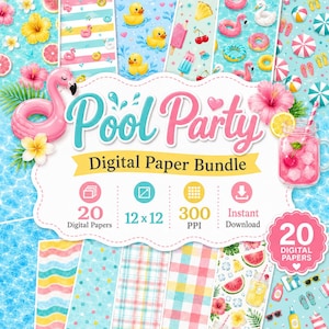 May include: A digital paper bundle with a pool party theme. The image shows a pink flamingo float, rubber ducks, and summer patterns. Text includes "Pool Party" and "Digital Paper Bundle."