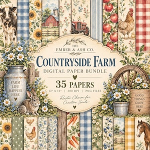 May include: A digital paper bundle titled Countryside Farm by The Ember & Ash Co. featuring 35 papers with farm-themed illustrations including cows, chickens, horses, rabbits, sunflowers, red barns, tractors, and apples, measuring 12 inches by 12 inches.