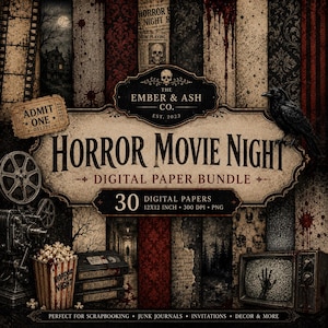 Op de afbeelding: Een digitaal papierpakket getiteld Horror Movie Night van The Ember & Ash Co. met 30 vellen. Het ontwerp bevat een vintage filmprojector, een popcornemmer, een zwarte kraai, een televisie met een handafdruk en een Admit One ticket.