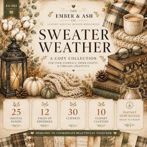 以下が含まれることがあります： The Ember & Ash Co.によるSweater Weatherというタイトルのデジタルデザインリソースコレクション。画像にはランタン、カボチャ、本、マグカップ、ニットブランケットが写っています。25枚のデジタルペーパー、12ページの紙もの素材、40個のクリップアートが含まれています。
