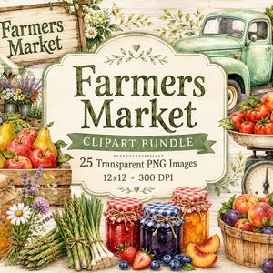 Könnte beinhalten: Aquarellillustration einer Bauernmarktszene. Mit einem grünen Lastwagen, Holzkisten voller Produkte, Einmachgläsern und einem Schild mit der Aufschrift "Farmers Market". Früchte, Gemüse und Blumen sind ebenfalls enthalten.