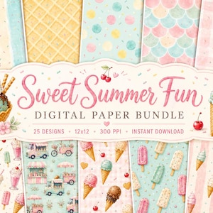 Może przedstawiać: Pakiet papieru cyfrowego zatytułowany "Sweet Summer Fun" z różnymi wzorami o tematyce lodów i deserów. Obraz przedstawia kolorowe wzory z rożkami lodów, pucharkami i wózkami z lodami, idealne do projektów rzemieślniczych. Pakiet zawiera 25 wzorów.