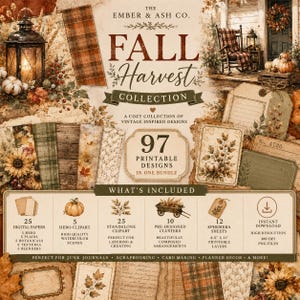 May include: A digital collection of 97 printable fall harvest designs featuring watercolor illustrations of pumpkins, sunflowers, lanterns, and plaid patterns. Includes 25 digital papers, 5 hero clipart, 25 standalone clipart, 10 clusters, and 12 ephemera sheets.
