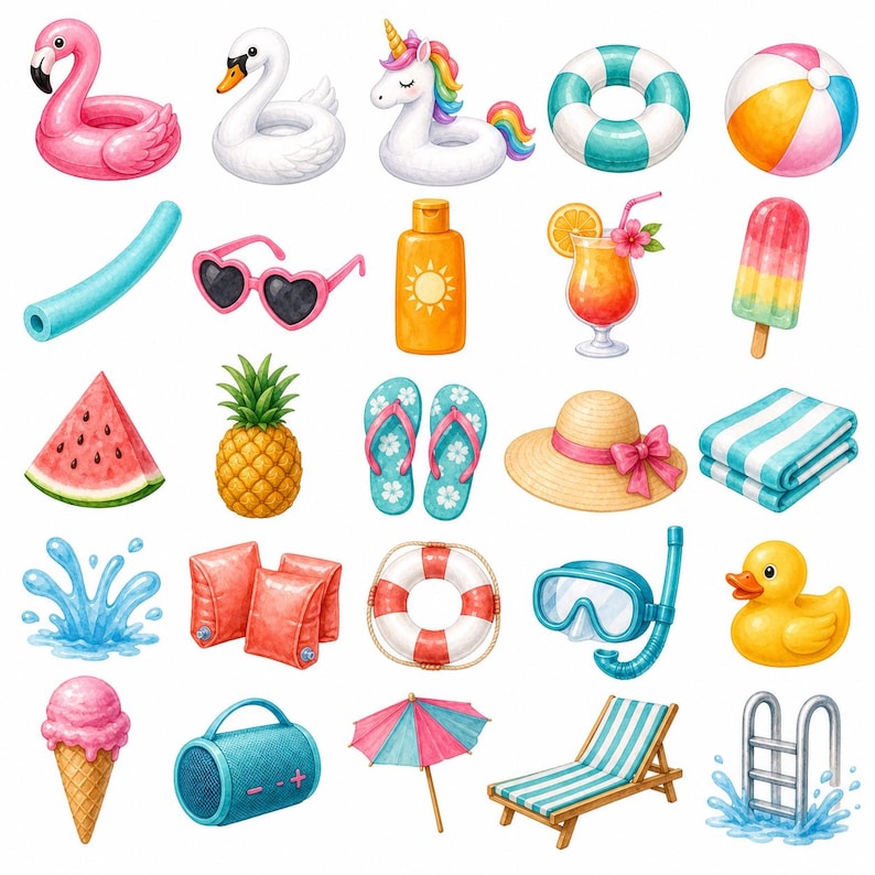 Pool Party, Summer Pool Fun Clipart Bundle of 35, Transparent PNG ...