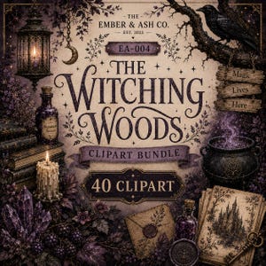 May include: A digital clipart bundle titled The Witching Woods featuring a dark aesthetic with a hanging lantern, a raven on a branch, a stack of books, a candle, purple crystals, a cauldron with purple smoke, and a wax-sealed envelope.