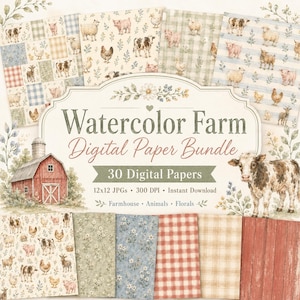 Può includere: Un set di carta digitale con illustrazioni ad acquerello di animali da fattoria come mucche, pecore, maiali e polli, insieme a motivi floreali, quadri e un fienile rosso. Il testo recita Watercolor Farm Digital Paper Bundle, 30 Digital Papers, 12x12 JPGs, 300 DPI, Instant Download, Farmhouse, Animals, Florals.