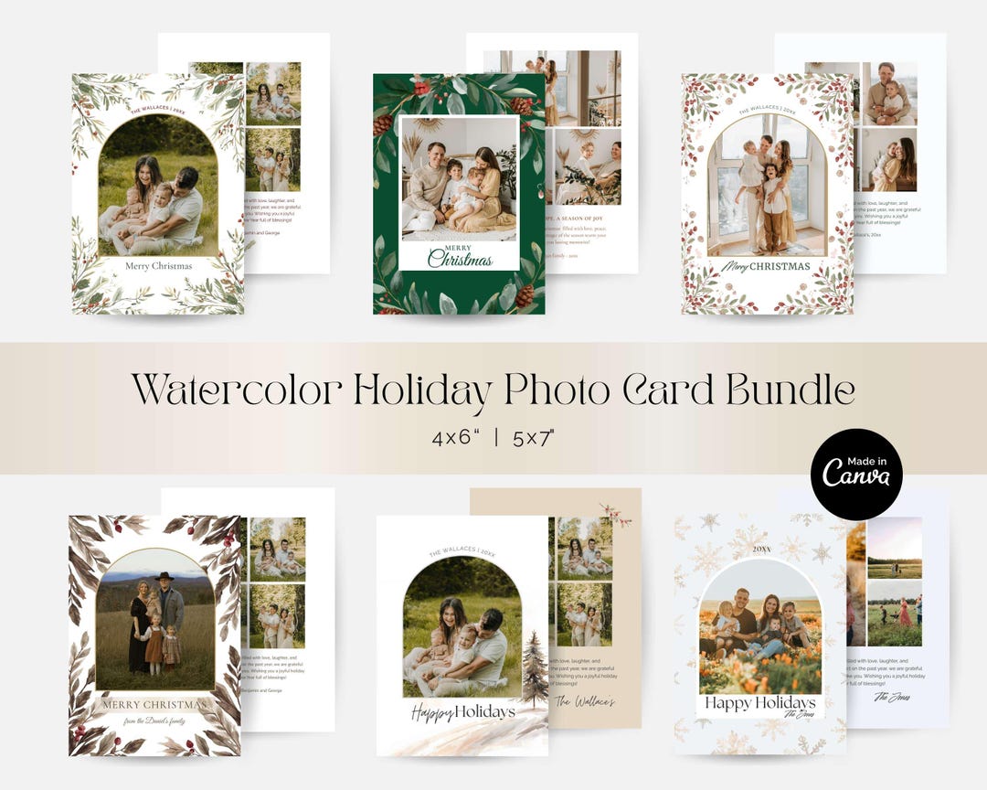 Watercolor Holiday Photo Card Template Bundle - Christmas Card Bundle ...