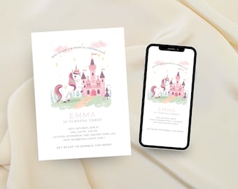 Unicorn Birthday Invitation Template | Editable Canva Invite | Girls Princess Castle Party Invite | Instant Digital Download