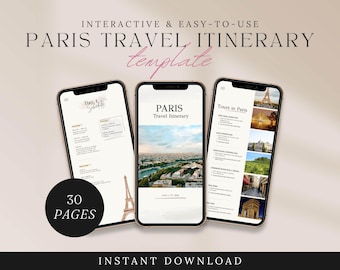 Itinerario de viaje a París / Plantilla de itinerario de viaje editable para móvil / Planificador de viajes para móvil / Planificador de viajes para agencias de viajes, vacaciones y lunas de miel