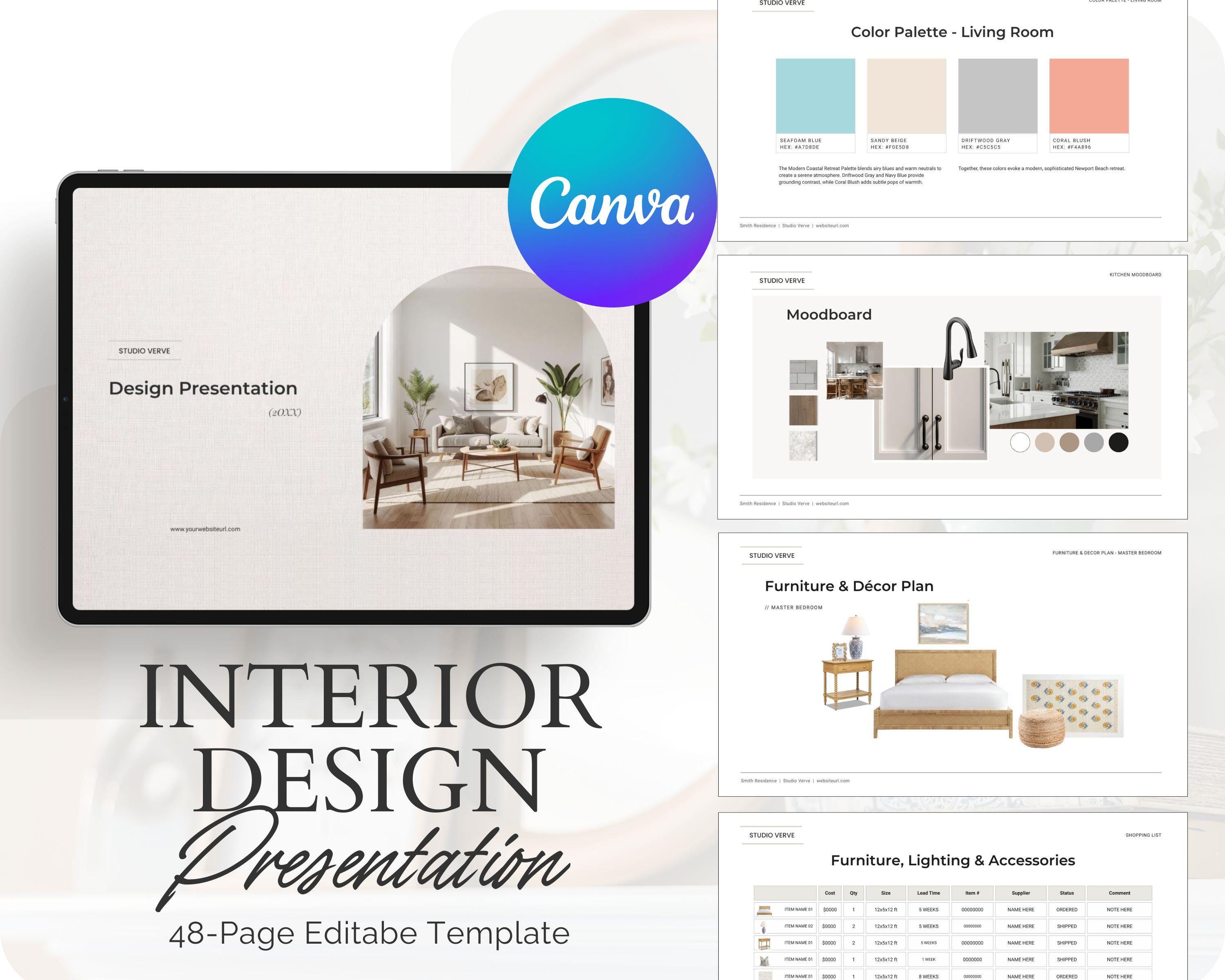 Interior Design Presentation Template for Canva | 48-page Editable ...