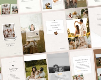 May include: A collection of promotional social media posts for a photography business. The posts feature family photos, text overlays, and branding elements. The text includes "Sneek Peek", "Fall Family Mini Sessions", and "Photography Services". The color palette is neutral with warm tones.