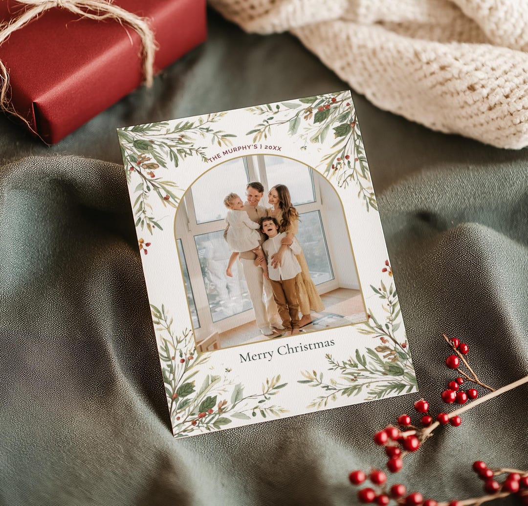 Watercolor Christmas Photo Card Template | Editable Canva Holiday Card ...