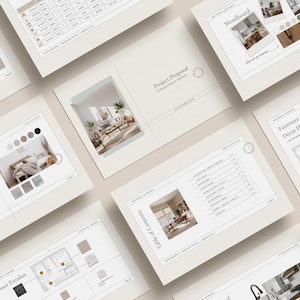 Pode incluir: Uma coleção de documentos de proposta de projeto de design de interiores, incluindo mood boards, plantas baixas e conceitos de design. As páginas apresentam imagens de quartos mobiliados, paletas de cores e seleções de móveis, tudo em um esquema de cores neutras.