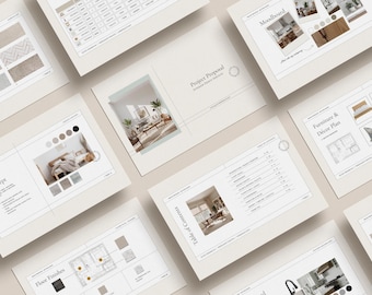 Plantilla de presentación de diseño de interiores para Canva: presentación editable de 48 páginas para clientes, decoración del hogar, moodboards y muestras de materiales.