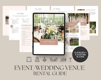 May include: A digital event and wedding venue rental guide with a neutral color palette. The guide features a tablet displaying a decorated table setting, along with pages detailing packages and processes. The guide includes the text "VENUE NAME HERE" and "16 PAGES + CUSTOM ICONS."