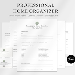 May include: A collection of white professional home organizer forms, including a client intake form, contract, invoice, and business card. The forms have a minimalist design with text that reads "Professional Home Organizer". The business card says "Clarity & Co. Organizing".