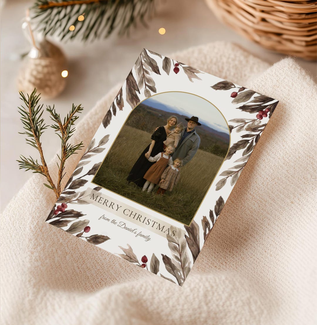 Watercolor Christmas Photo Card Template Brown Foliage (7x5 Printable