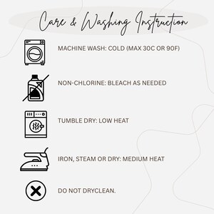 May include: Care & Washing Instruction text on a light background. Includes washing machine, bleach, tumble dry, iron, and do not dry clean symbols. Text indicates cold machine wash, non-chlorine bleach, tumble dry low, and medium heat ironing.
