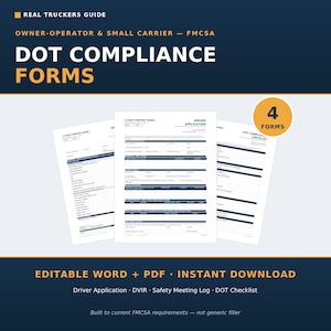 Puede incluir: Un conjunto de cuatro formularios de cumplimiento DOT para propietarios-operadores y pequeños transportistas, que incluye solicitud de conductor, DVIR, registro de reuniones de seguridad y lista de verificación DOT en formato Word y PDF editable.