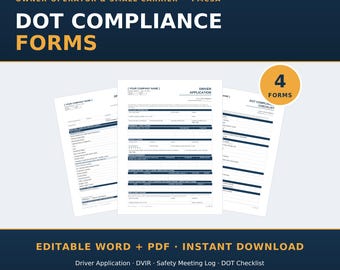 Trucking DOT Compliance Forms, Driver Application, DVIR Inspection, Safety Meeting Log & Compliance Checklist, Editable Word/PDF, fmcsa
