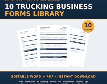 Trucking Business Forms Bundle, 10 Editable Templates, Bill of Lading, Invoice, DVIR, Driver Application, Logs, Owner Operator, Word/PDF