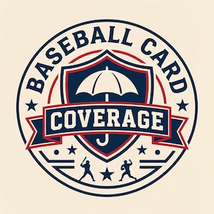 Peut inclure: Un logo circulaire présentant un bouclier bleu foncé avec une icône de parapluie blanc au centre. Le texte BASEBALL CARD est arqué au-dessus, et COVERAGE figure sur une bannière traversant le bouclier. Des silhouettes de batteur et lanceur sont en bas.