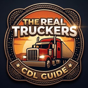 May include: A logo featuring a red articulated lorry with the text "THE REAL TRUCKERS CDL GUIDE". The design is set against a sunset backdrop within a gold-coloured emblem with a rope-like border and star accents.