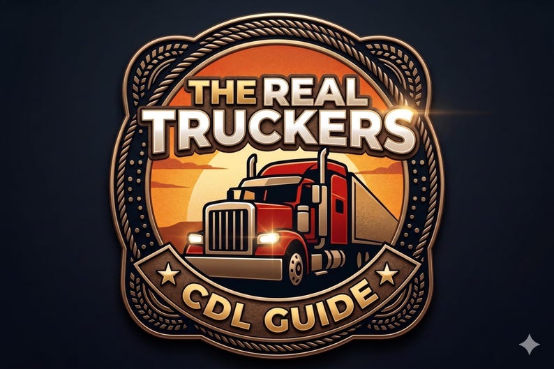 May include: A logo featuring a red articulated lorry with the text "THE REAL TRUCKERS CDL GUIDE". The design is set against a sunset backdrop within a gold-coloured emblem with a rope-like border and star accents.