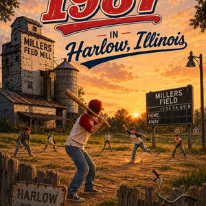 May include: A book cover titled Summer of 1987 in Harlow, Illinois by Bertie Birchfield. It depicts a baseball game at Millers Field with a feed mill, a scoreboard, a town population sign, and a bicycle in the foreground under a sunset sky.