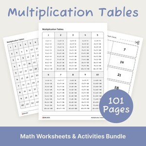 以下が含まれることがあります： 掛け算表とフラッシュカードを含む、数学のワークシートとアクティビティのバンドル。画像には、掛け算グリッドと数字のフラッシュカードが印刷された白いページがいくつか表示されています。「Multiplication Tables」と「101 Pages」の文字も表示されています。
