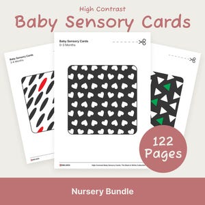 May include: A set of high-contrast baby sensory cards with black and white patterns, including hearts, shapes, and lines. The cards are designed for babies aged 0-6 months. The set includes 122 pages and is labeled as a nursery bundle.