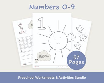 Numbers 0-9 Worksheets and Activities Bundle, Printable PDF for Little Learners (Digital Download)