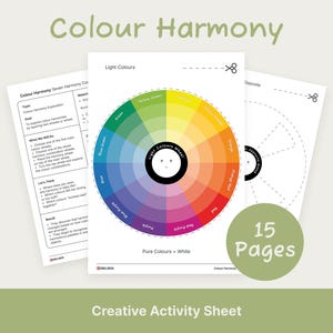 以下が含まれることがあります： 「Colour Harmony」というタイトルのクリエイティブアクティビティシート。カラーホイール、ワークシート、および「15 Pages」というテキストのあるページが含まれています。カラーホイールは色のスペクトルを表示します。「Creative Activity Sheet」というテキストが下にあります。