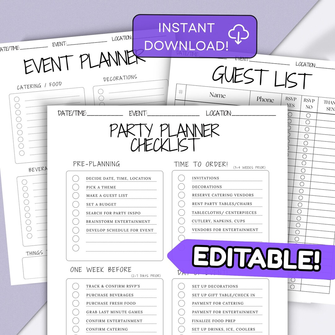 Party Planning Checklist Templates, Editable Event Planner Bundle ...
