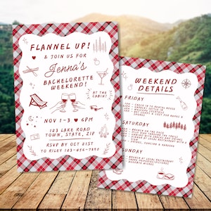 May include: Two rectangular invitation cards with a red, white, and black plaid border and a white scalloped centre. The text reads FLANNEL UP! & JOIN US FOR JENNA'S BACHELORETTE WEEKEND! and WEEKEND DETAILS, featuring illustrations of trees, drinks, and a campfire.