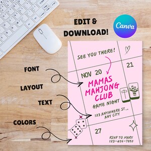 May include: A pink digital flyer template for Mamas Mahjong Club game night featuring a calendar grid, mahjong tiles, dice, and text including See You There, Nov 20, 123 Anywhere St, Any City, and RSVP to Mary 123-456-7890, with Canva branding.